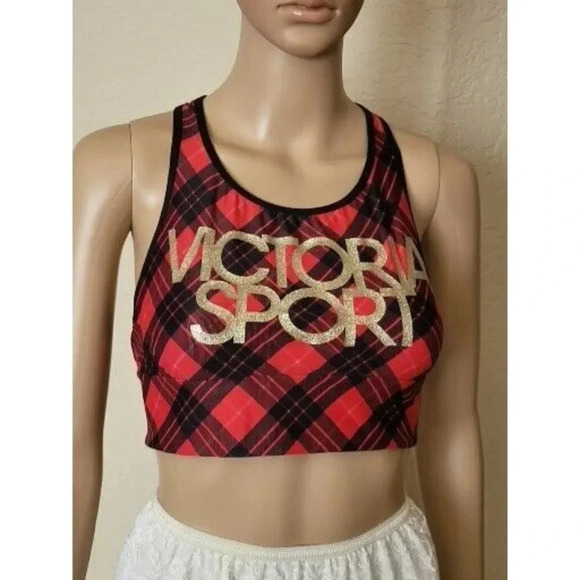 Victoria's Secret Other - Victoria's Secret Sports Bra Red Gold Spell Out Racerback Size Medium